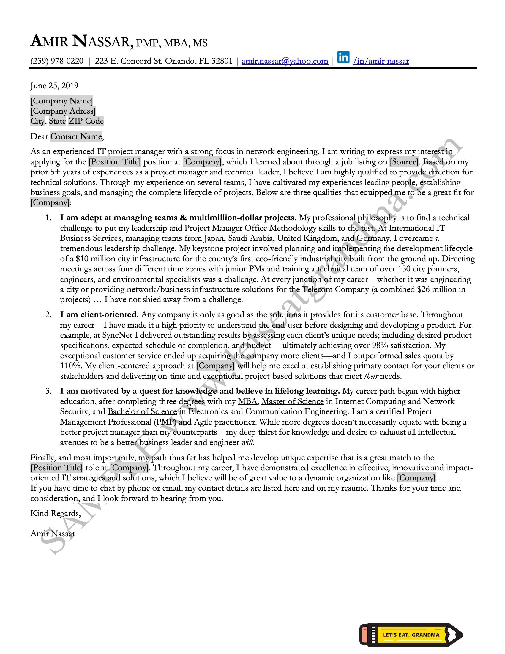 Project Manager Cover Letter Sample with Guide | Let's Eat ...