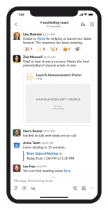 A screenshot of the Slack app on the iPhone, courtesy of Slack, demonstrating one forum for internal networking.