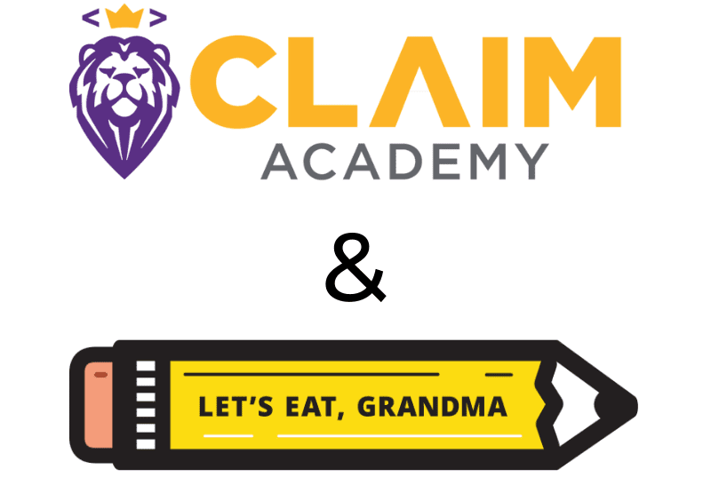 Claim Academy's logo next to Let's Eat, Grandma's logo