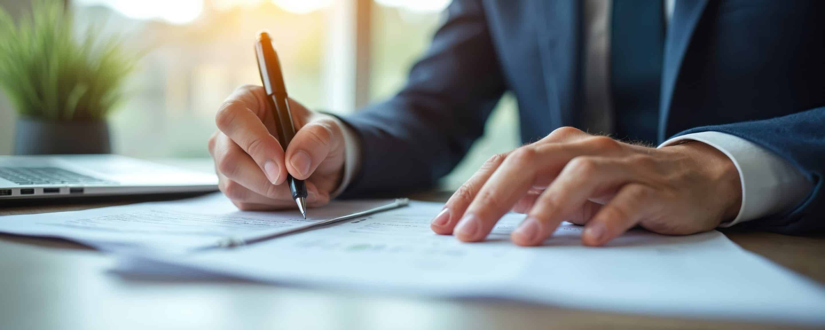 Close-up of expert financial consultant writing tax planning strategies for retirement. Wealth management, estate planning essentials. Businessman in suit signs financial document using pen on desk.